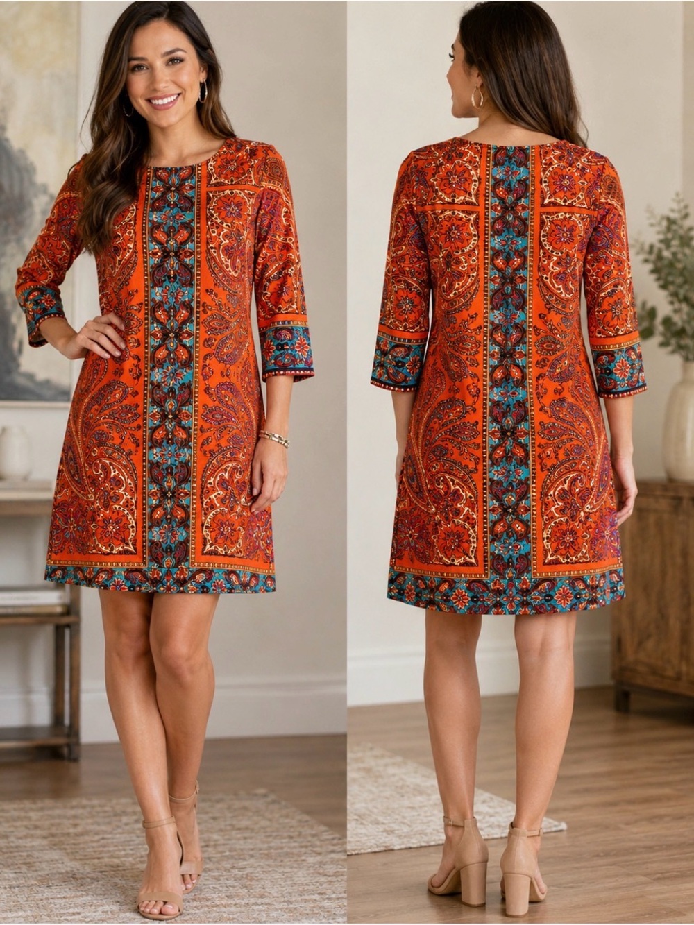Mlle Gabrielle Orange Paisley-Print Long Sleeve Shift Dress with Teal Accents
